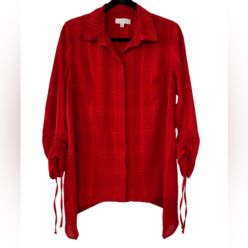 New Directions Red Plaid Assymetrical Hem Button Down Tunic Top